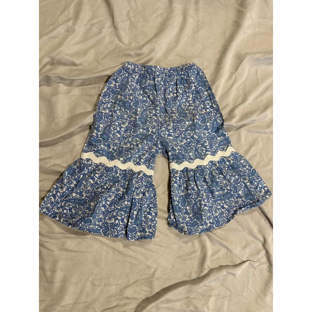 Kids‎ Blue White Paisley Bell Bottom Pants Rickrack Trim Flare Boho Retro